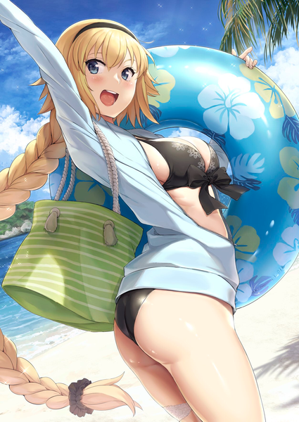 Anime picture 1254x1771 with fate (series) fate/grand order jeanne d'arc (fate) (all) jeanne d'arc (swimsuit archer) akita hika single long hair tall image blush fringe breasts open mouth blue eyes light erotic blonde hair hair between eyes standing holding payot looking away