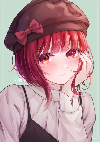 Anime picture 839x1191 with oshi no ko arima kana ichijo kazuya single tall image looking at viewer blush short hair simple background red eyes upper body red hair portrait framed head rest aqua background girl beret