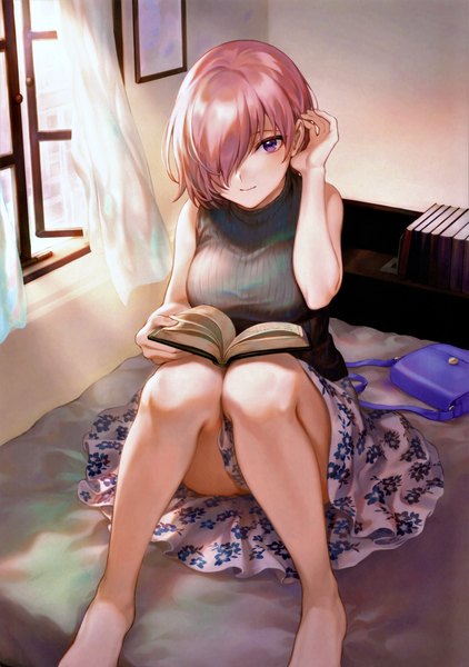 Anime picture 4904x6974 with fate (series) fate/grand order mash kyrielight mashuu (neko no oyashiro) single tall image looking at viewer blush fringe highres short hair breasts light erotic sitting purple eyes pink hair absurdres bent knee (knees) indoors barefoot