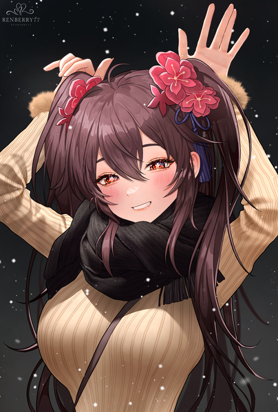 Anime picture 1922x2852 with genshin impact hu tao (genshin impact) renberry single long hair tall image looking at viewer blush fringe highres smile red eyes brown hair signed upper body long sleeves head tilt hair flower arms up teeth