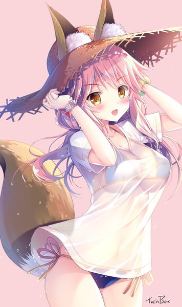 Anime picture 721x1216 with fate (series) fate/grand order fate/extra tamamo (fate) (all) tamamo no mae (swimsuit lancer) (fate) sousouman single long hair tall image looking at viewer blush fringe breasts open mouth light erotic simple background smile large breasts standing holding