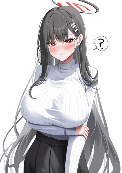 Anime picture 4236x6000 with blue archive rio (blue archive) yampa single long hair tall image looking at viewer blush fringe highres breasts light erotic black hair simple background red eyes standing white background absurdres blunt bangs pleated skirt