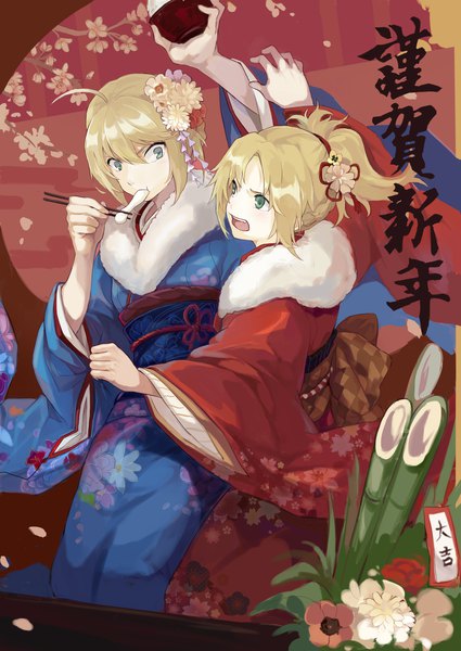 Anime picture 3384x4780 with fate (series) fate/grand order fate/stay night fate/apocrypha artoria pendragon (all) saber mordred (fate) ravie long hair tall image blush fringe highres open mouth blue eyes blonde hair hair between eyes multiple girls holding green eyes