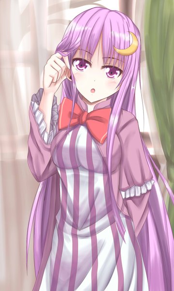 Anime picture 1200x2000 with touhou patchouli knowledge wendell single long hair tall image looking at viewer blush open mouth purple eyes purple hair girl dress hair ornament bow