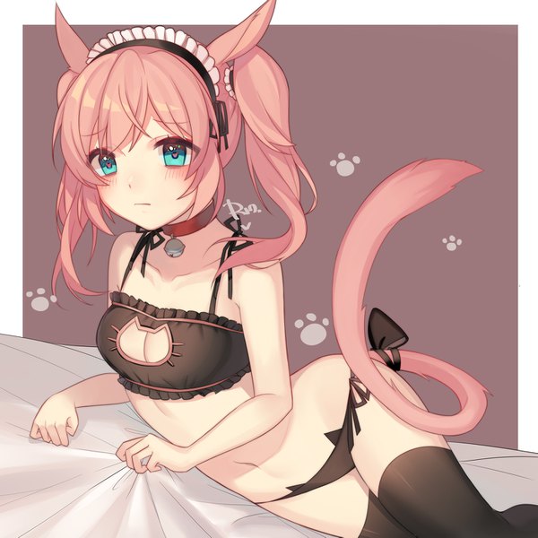 Anime picture 1403x1403 with final fantasy final fantasy xiv square enix miqo'te egg (rxlal) single long hair looking at viewer blush fringe light erotic simple background hair between eyes twintails pink hair cleavage lying aqua eyes border symbol-shaped pupils