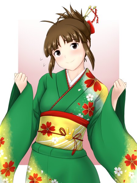 Anime picture 900x1200 with idolmaster akizuki ritsuko tetuo kun single tall image blush short hair smile brown hair traditional clothes japanese clothes black eyes girl hair ornament kimono obi