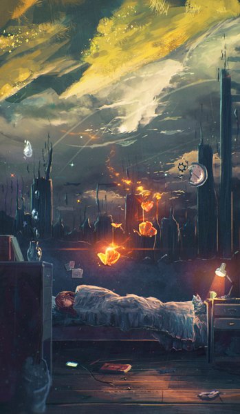 Anime picture 1200x2063 with original sylar113 long hair tall image fringe brown hair sky cloud (clouds) outdoors lying eyes closed city light cityscape sleeping girl book (books) insect bed building (buildings)