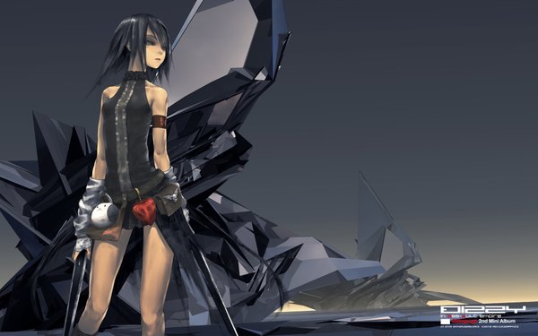Anime picture 1920x1200 with original redjuice single highres short hair black hair wide image standing bare shoulders brown eyes looking away tattoo girl weapon wings insect butterfly skull