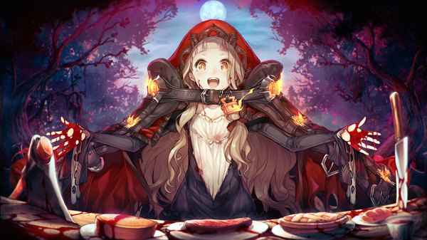 Anime picture 1280x720 with sinoalice little red riding hood (sinoalice) teroru single long hair looking at viewer fringe open mouth blonde hair smile wide image standing payot cloud (clouds) outdoors blunt bangs :d night orange eyes night sky