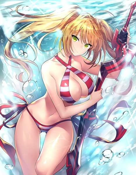 Anime picture 955x1227 with fate (series) fate/grand order fate/extra nero claudius (fate) (all) nero claudius (swimsuit caster) (fate) touwa nikuman single long hair tall image looking at viewer fringe breasts light erotic blonde hair hair between eyes large breasts standing twintails bare shoulders holding