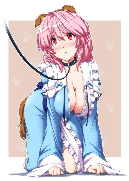 Anime picture 893x1253 with touhou saigyouji yuyuko nori tamago single tall image blush short hair breasts light erotic red eyes animal ears pink hair cleavage tail animal tail dog ears dog tail dog girl girl dress