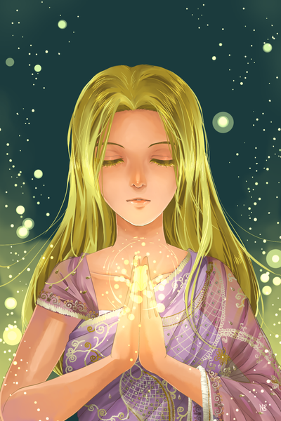 Anime picture 1024x1536 with nusine long hair tall image blonde hair eyes closed glowing hands clasped sari girl