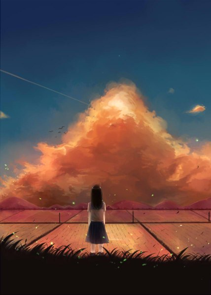 Anime picture 856x1200 with original utakata (s sw) single long hair tall image black hair standing sky cloud (clouds) outdoors wind from behind back mountain landscape girl uniform plant (plants) petals serafuku