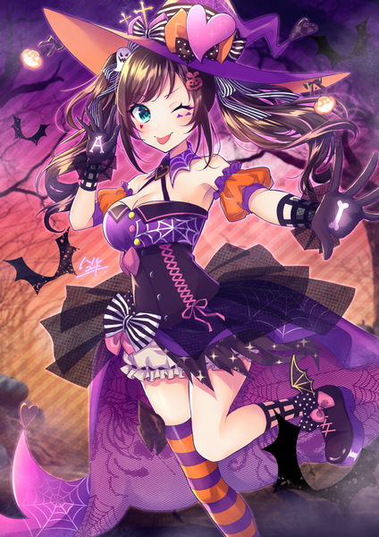 Anime picture 1000x1415 with virtual youtuber a.i. channel kizuna ai haruyuki 14 single long hair tall image looking at viewer blush fringe breasts smile brown hair standing twintails bare shoulders signed payot full body bent knee (knees)