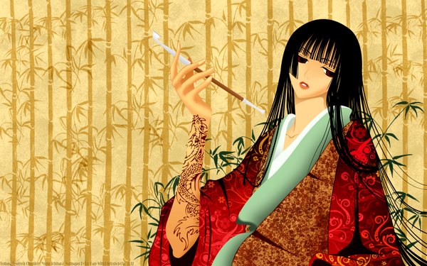 Anime picture 1920x1200 with xxxholic clamp ichihara yuuko single long hair highres black hair red eyes wide image head tilt japanese clothes tattoo smoking girl plant (plants) yukata bamboo