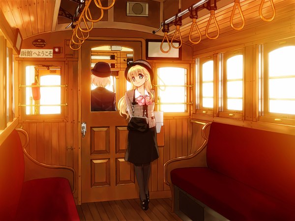 Anime picture 1365x1024 with original mir3paradox long hair fringe short hair blonde hair smile standing looking back aqua eyes back girl boy bow hat pantyhose shoes bag suit train