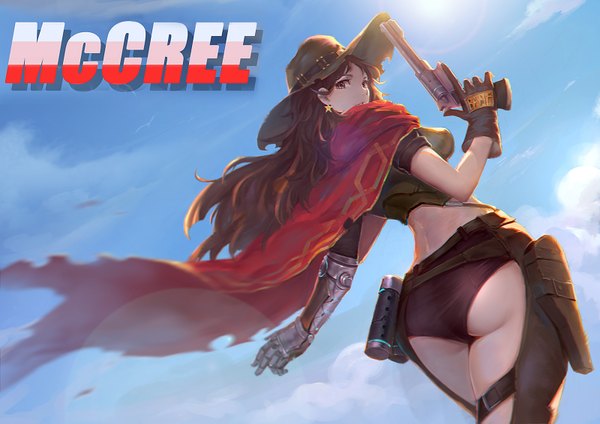 Anime picture 1600x1131 with overwatch blizzard entertainment mccree (overwatch) wuguiex single long hair looking at viewer light erotic brown hair brown eyes sky cloud (clouds) ass character names torn clothes genderswap girl gloves weapon hat