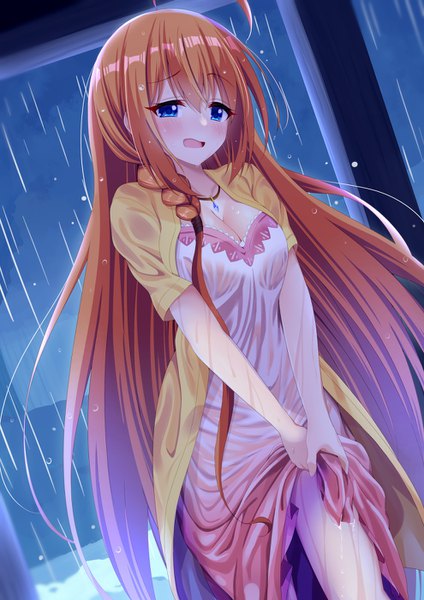 Anime picture 990x1400 with princess connect! re:dive princess connect! pecorine (princess connect!) pecorine (real) (princess connect!) syurimp single tall image looking at viewer blush fringe breasts open mouth blue eyes light erotic hair between eyes standing payot cleavage ahoge outdoors