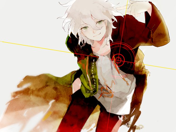 Anime-Bild 1000x750 mit dangan ronpa super dangan ronpa 2 komaeda nagito gomosawa single looking at viewer fringe short hair simple background smile hair between eyes green eyes white hair grey background open jacket leaning leaning forward hand in pocket boy jacket