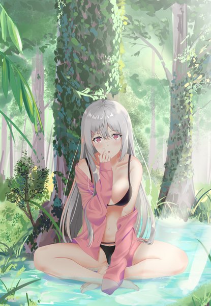 Anime picture 2975x4298 with original jmin single long hair tall image looking at viewer blush fringe highres open mouth light erotic hair between eyes red eyes sitting bare shoulders payot silver hair bent knee (knees) outdoors long sleeves