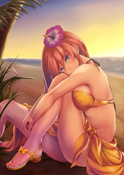 Anime picture 600x847 with vocaloid megurine luka bit (keikou syrup) single long hair tall image looking at viewer fringe breasts blue eyes light erotic hair between eyes brown hair large breasts sitting nail polish hair flower beach evening sunset