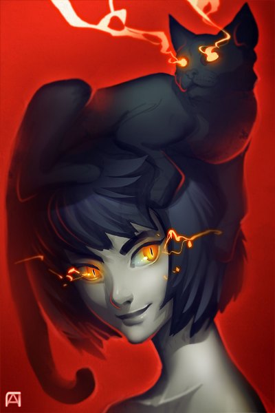 Anime picture 864x1296 with pechan (artist) single tall image short hair black hair simple background smile looking away orange eyes glowing glowing eye (eyes) red background cat eyes girl animal cat