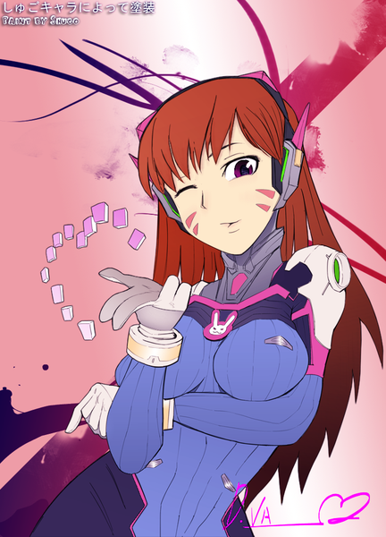 Anime picture 720x1000 with overwatch blizzard entertainment d.va (overwatch) shugo19 yudg single long hair tall image looking at viewer fringe simple background smile brown hair purple eyes signed character names coloring facial mark pink background breast hold