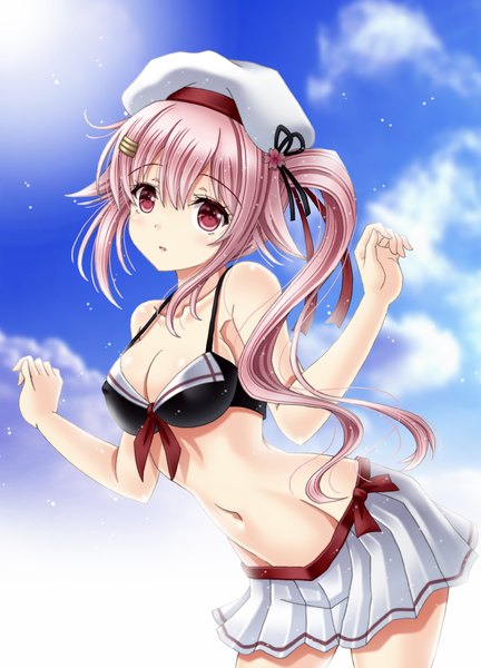 Anime picture 1080x1500 with kantai collection harusame destroyer amou yuu single long hair tall image fringe light erotic hair between eyes pink hair sky cloud (clouds) pink eyes groin side ponytail girl navel swimsuit bikini hairclip