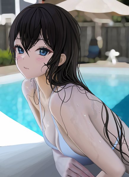 Anime picture 1639x2254 with original tokkihouse single long hair tall image looking at viewer blush fringe breasts blue eyes light erotic black hair hair between eyes large breasts cleavage upper body outdoors blurry mole wet