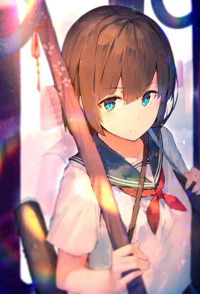 Anime picture 912x1341 with original enj! single tall image fringe short hair hair between eyes brown hair holding upper body aqua eyes from above blurry short sleeves depth of field reflection backlighting bob cut girl uniform