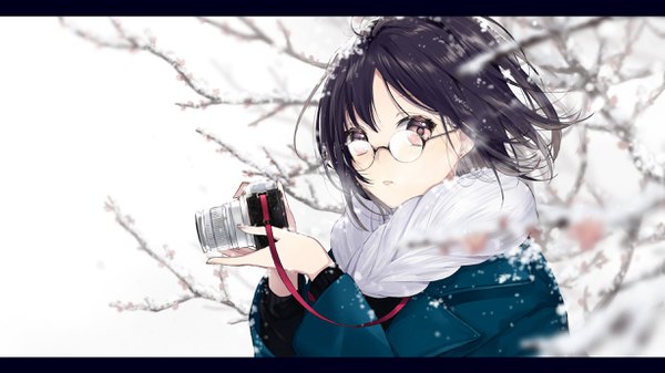 Anime picture 2456x1382 with original sogawa single looking at viewer blush fringe highres short hair black hair wide image holding brown eyes upper body outdoors parted lips wind blurry mole depth of field portrait