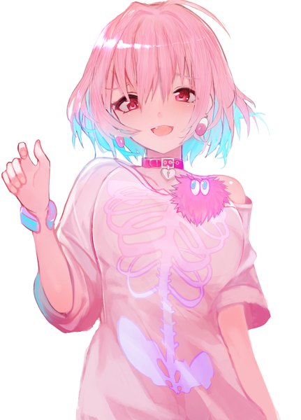 Anime picture 2574x3584 with idolmaster idolmaster cinderella girls yumemi riamu tarbo (exxxpiation) single tall image looking at viewer blush fringe highres short hair breasts open mouth simple background smile hair between eyes red eyes white background pink hair upper body