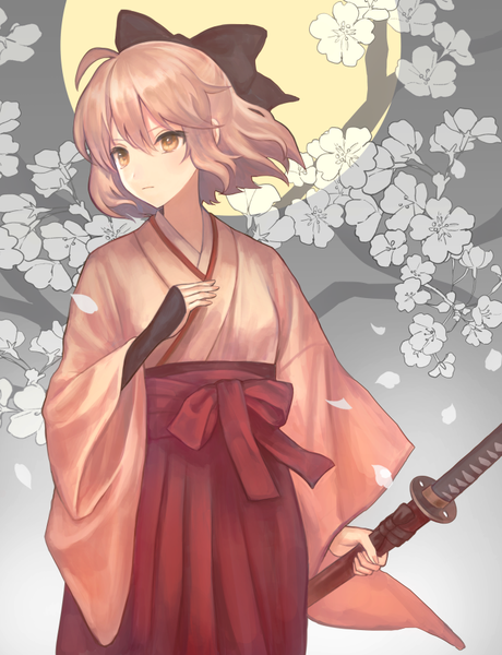 Anime picture 684x892 with fate (series) fate/grand order koha-ace okita souji (fate) (all) okita souji (koha-ace) okakan tall image fringe short hair blonde hair hair between eyes holding yellow eyes looking away ahoge traditional clothes japanese clothes wide sleeves cherry blossoms half updo