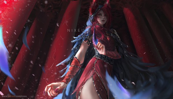 Anime picture 1600x916 with league of legends xayah (league of legends) nixeu single long hair fringe wide image standing brown eyes signed animal ears payot looking away pink hair nail polish fingernails wind lips hair over one eye realistic
