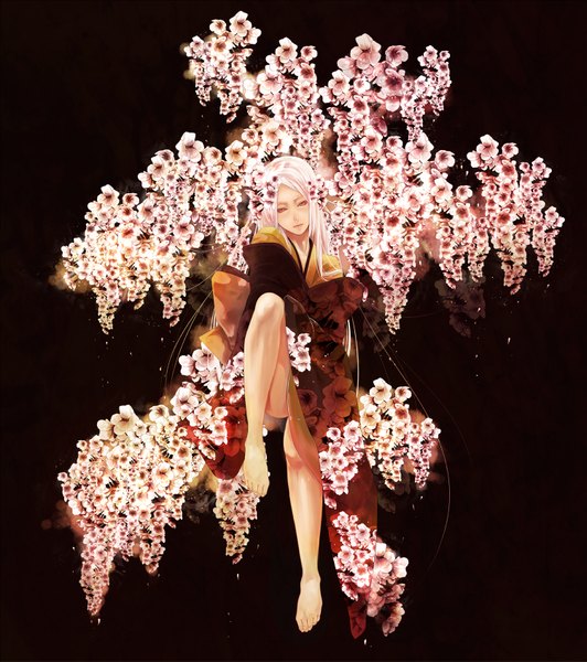 Anime picture 1500x1692 with original pochiharu single long hair tall image simple background red eyes pink hair japanese clothes barefoot hair flower legs cherry blossoms girl hair ornament flower (flowers) kimono