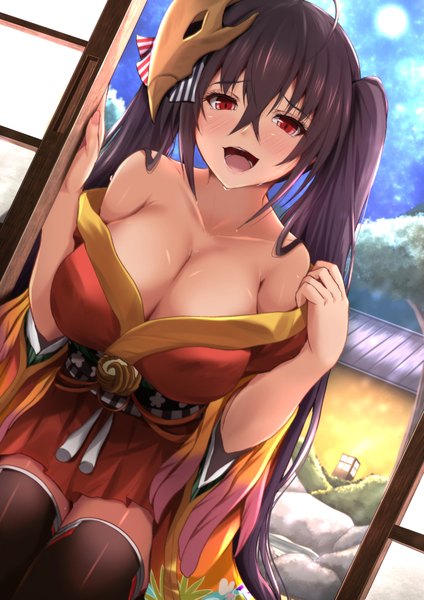 Anime picture 706x1000 with azur lane taihou (azur lane) kanzaki kureha single long hair tall image looking at viewer blush fringe breasts open mouth light erotic black hair smile hair between eyes red eyes large breasts twintails bare shoulders cleavage