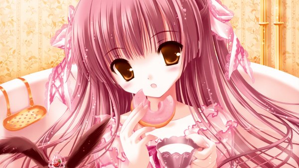 Anime picture 1920x1080 with tinker bell long hair highres wide image brown eyes pink hair loli close-up food milk