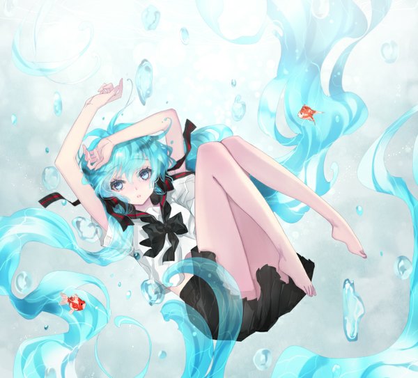 Anime picture 800x724 with vocaloid hatsune miku bottle miku ashita single looking at viewer fringe twintails very long hair pleated skirt barefoot aqua eyes aqua hair bare legs legs liquid hair girl skirt uniform ribbon (ribbons)