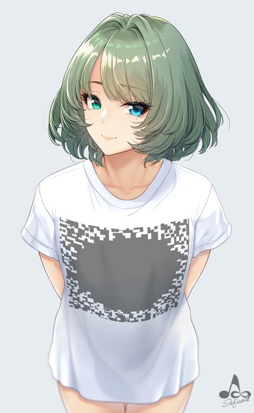 Anime picture 984x1600 with idolmaster idolmaster cinderella girls takagaki kaede infinote single tall image looking at viewer short hair simple background smile standing green hair grey background mole mole under eye heterochromia hands behind back meme fluttering heart illusion girl