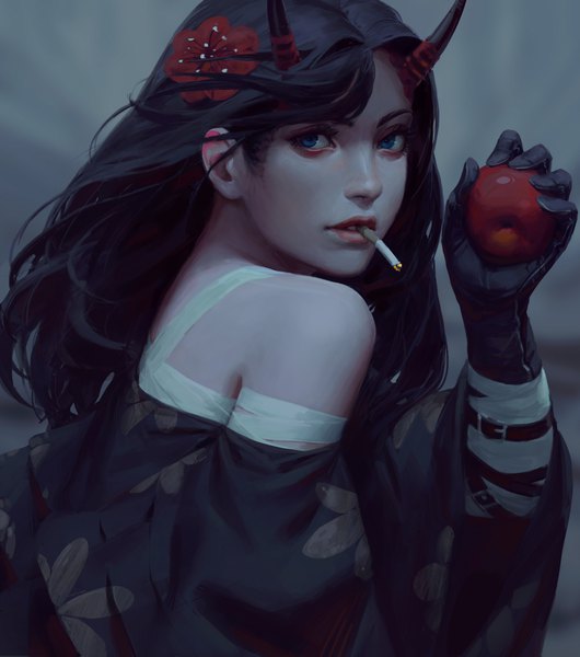 Anime picture 1500x1697 with original guweiz single long hair tall image looking at viewer fringe blue eyes black hair bare shoulders holding upper body traditional clothes parted lips japanese clothes looking back arm up hair flower horn (horns) wind