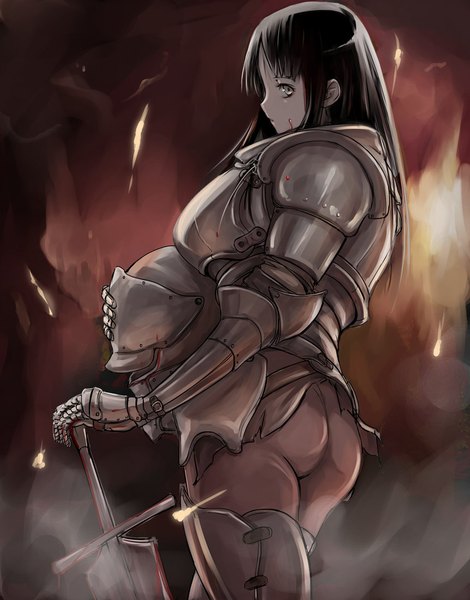 Anime picture 862x1100 with original tea (nakenashi) single long hair tall image looking at viewer light erotic black hair holding yellow eyes ass girl weapon sword armor blood helmet