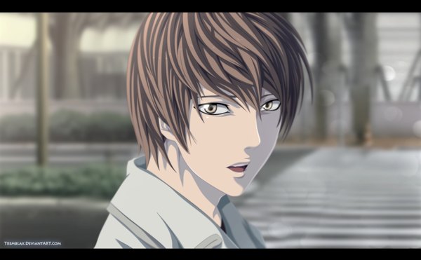Anime picture 1250x774 with death note madhouse yagami light tremblax single looking at viewer short hair open mouth brown hair wide image brown eyes coloring letterboxed boy