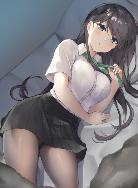 Anime picture 737x1000 with original pinta (ayashii bochi) single long hair tall image looking at viewer blush fringe breasts open mouth blue eyes light erotic black hair hair between eyes holding indoors lying pleated skirt :o short sleeves