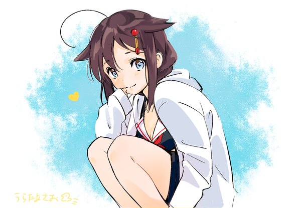 Anime picture 1300x900 with kantai collection shigure destroyer urata asao single long hair looking at viewer blush blue eyes smile brown hair ahoge finger to mouth squat remodel (kantai collection) girl hair ornament swimsuit bikini heart hairclip