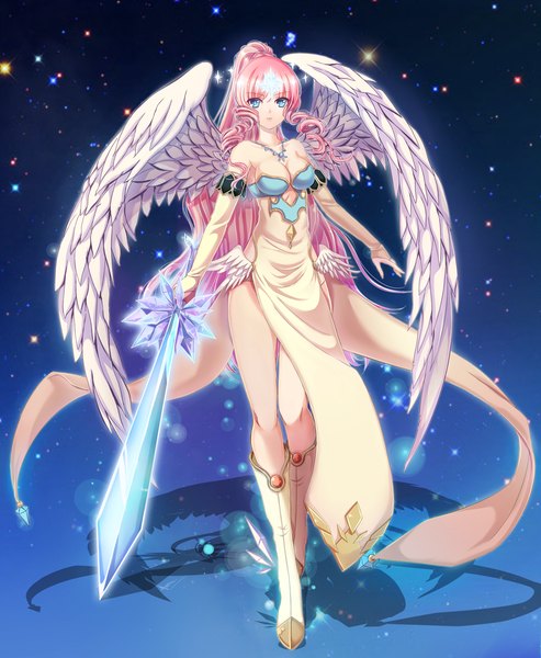 Anime picture 2300x2800 with original sammi hisame single long hair tall image highres blue eyes light erotic bare shoulders pink hair ponytail night shadow night sky drill hair angel wings girl dress gloves weapon