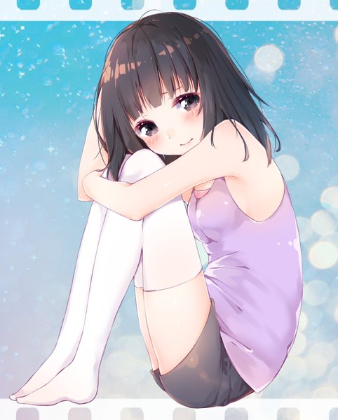 Anime picture 1302x1620 with original manatsuki manata single long hair tall image blush fringe breasts black hair smile sitting bare shoulders looking away ahoge bent knee (knees) blunt bangs head tilt arm up black eyes armpit (armpits)