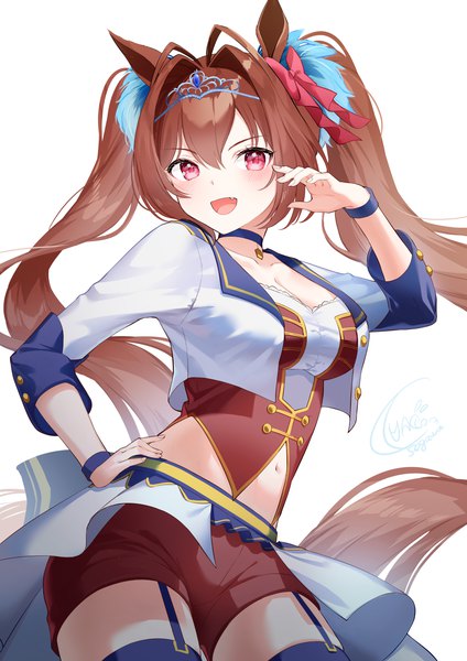 Anime picture 1158x1637 with umamusume daiwa scarlet (umamusume) luna (mi-chanman) single long hair tall image looking at viewer blush fringe open mouth simple background hair between eyes red eyes brown hair white background twintails animal ears cleavage tail :d
