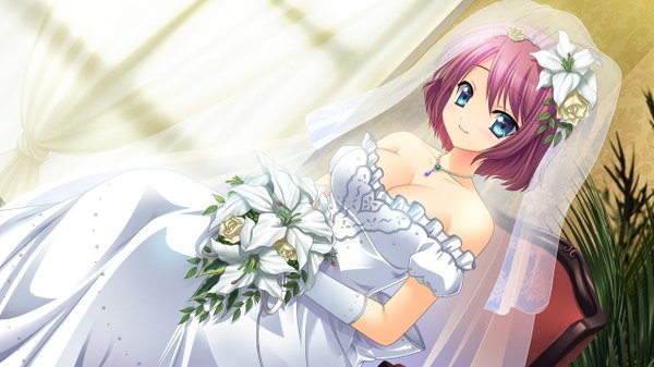 Anime picture 1280x720 with orange memories (game) tagme (character) short hair blue eyes wide image game cg red hair girl dress wedding dress bride