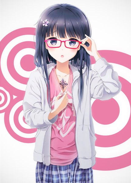Anime picture 1148x1600 with original alc (ex2 lv) single long hair tall image looking at viewer blush open mouth blue eyes black hair hair flower adjusting glasses girl skirt hair ornament flower (flowers) glasses