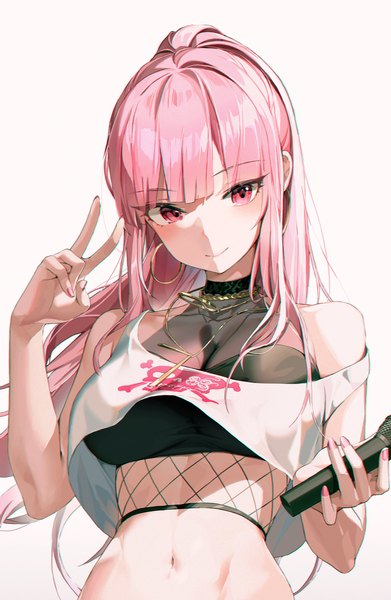 Anime picture 2500x3838 with virtual youtuber hololive hololive english mori calliope mori calliope (streetwear) choyeon single long hair tall image looking at viewer highres simple background smile white background pink hair upper body ponytail pink eyes official alternate costume victory